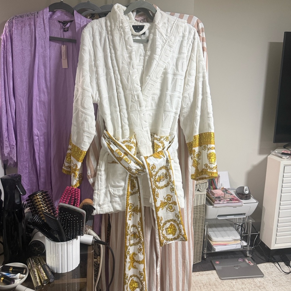 Versace White Robe Jacket with Gold Baroque Trim